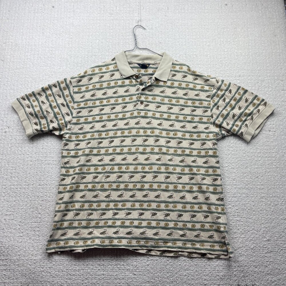 Vintage Woolrich Fishing Polo Shirt Fishing Lure Flies Men Sz L Off-white Fish